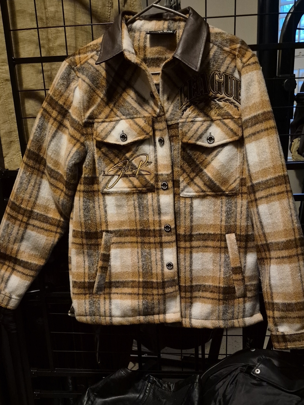 Plaid Sherpa-Lined Jacket with Leather Collar - Brown & Cream